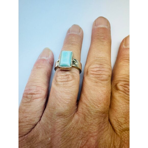 Vintage Mexico 925 Sterling Silver Ring with Rectangular Larimar Gem, Size 6, 9. - Picture 7 of 11
